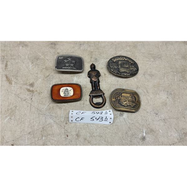 Four Belt Buckles, GMC General, Scotchman Winnipeg, Ship and O'Keefe Bottle Opener