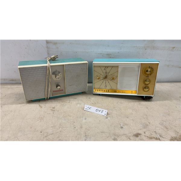 Vintage Coronado AM Clock Radio and Marconi BT60 AM Table Radio, Early 1960s, Turquoise