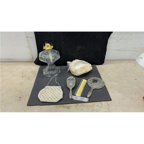 Vintage Silver-Plated Vanity Set, Beaded Purse, Ladies Hat, and Oil Lamp