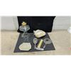 Image 1 : Vintage Silver-Plated Vanity Set, Beaded Purse, Ladies Hat, and Oil Lamp
