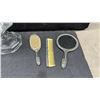 Image 3 : Vintage Silver-Plated Vanity Set, Beaded Purse, Ladies Hat, and Oil Lamp