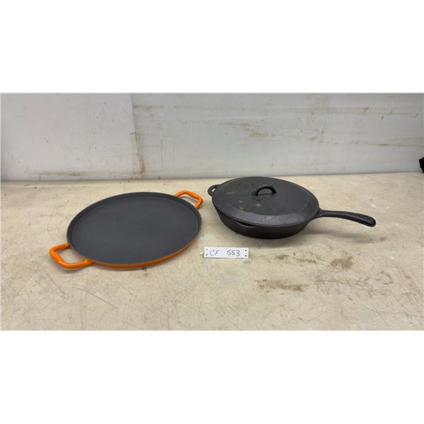 Sabolon Enameled Cast Iron Griddle and Cabela's 12” Cast Iron Skillet With Lid