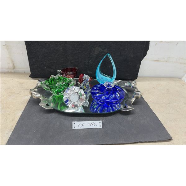 Orrefors Sweden Crystal Desk Clock, Ruby Glass Bird, Brandon 1910 Creamer and More on Mirror Tray