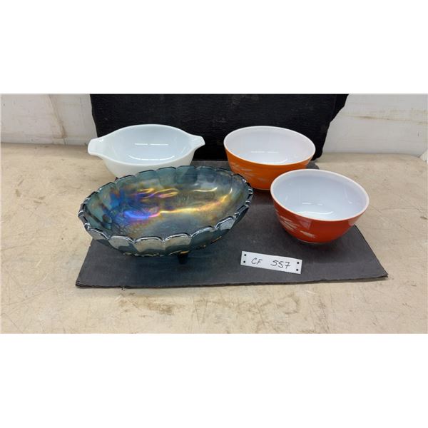 Carnival Glass Grape Bowl, Pyrex Golden Harvest Mixing Bowls, and White Casserole Dish