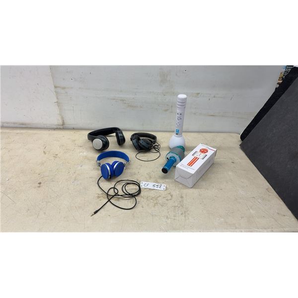Sennheiser, Bose QC25, and Blue Headphones and 2 Wireless Microphones