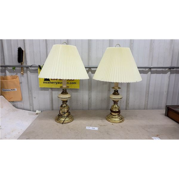 Pair of Traditional Brass Style Table Lamps with Cream Accent Band and Pleated Shades, 28” High