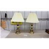 Image 1 : Pair of Traditional Brass Style Table Lamps with Cream Accent Band and Pleated Shades, 28” High