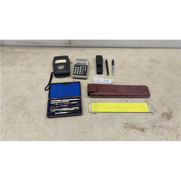 Faber-Castell Slide Rule, Rapidman 808 Calculator, Vintage Drafting Compass Set
