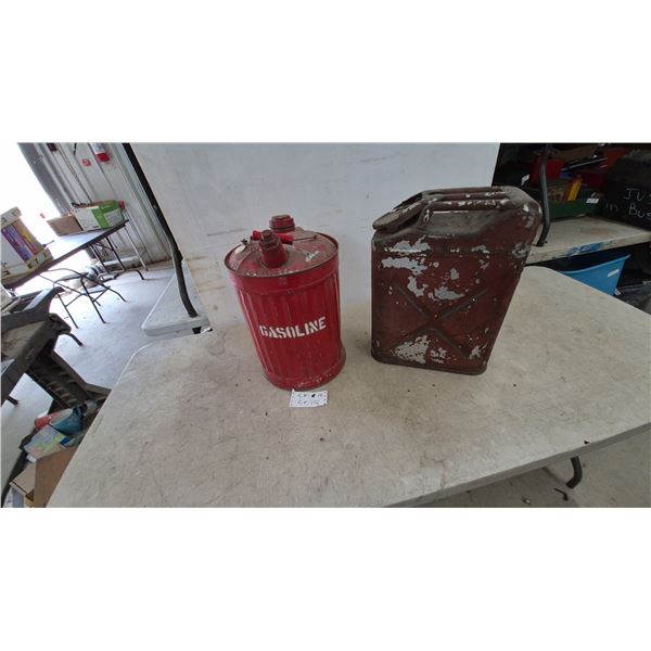 Two Vintage Gasoline Cans: Red Round "GASOLINE" Can and Red/White Jerry Can