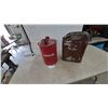 Image 1 : Two Vintage Gasoline Cans: Red Round "GASOLINE" Can and Red/White Jerry Can