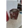 Image 4 : Two Vintage Gasoline Cans: Red Round "GASOLINE" Can and Red/White Jerry Can
