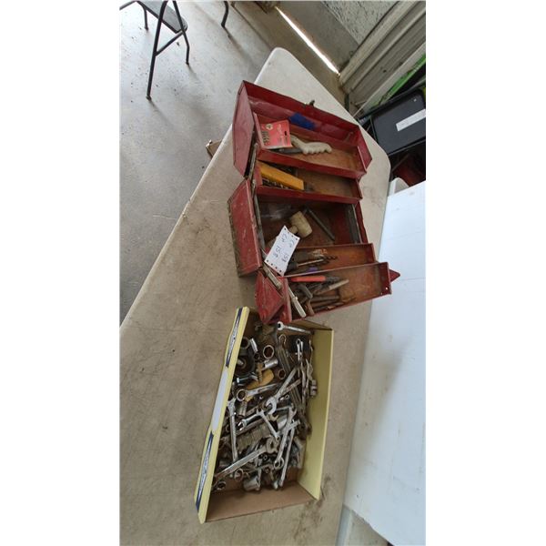 Red Metal Tool Box with Wrenches, Sockets, Screwdrivers, Drill Bits