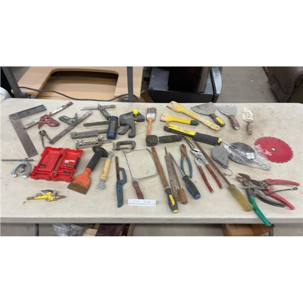 Assortment of Hand Tools, Squares, Clamps, Putty Knives, Pliers, Saws