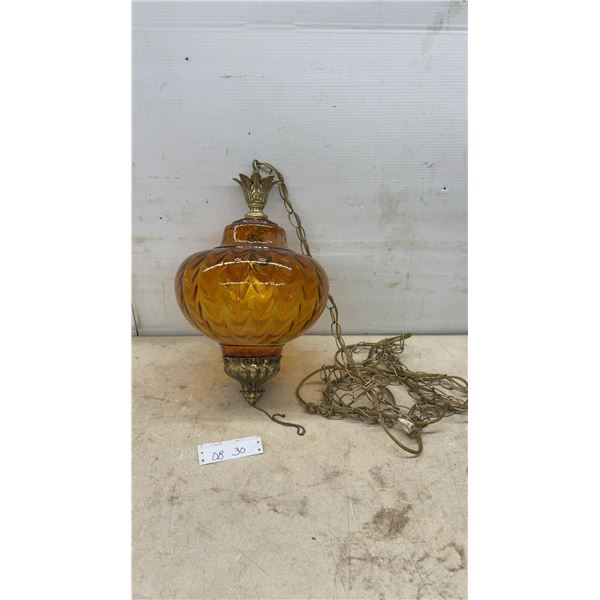 Vintage 1960s-70s Amber Glass and Brass Ornate Genie Bottle Swag Pendant Lamp With Pull Chain