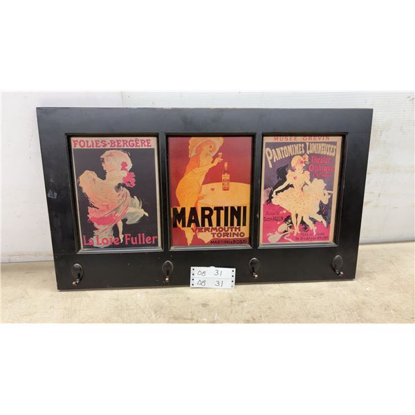Vintage-Style French Poster Coat Rack with Four Hooks, Folies-Bergère, Martini and More, 16 × 29”