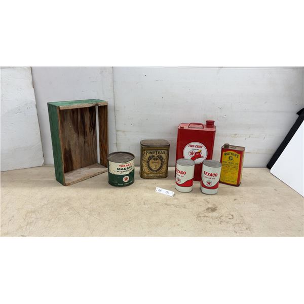 Vintage Texaco Motor Oil Cans, with Product, Fire-Chief Gasoline Can, Watkins, Fine Teas Tin