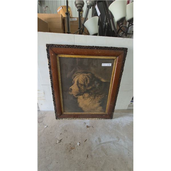Framed Print of a Dog, Wood Frame with Carved Details, 27”×31”