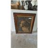 Image 1 : Framed Print of a Dog, Wood Frame with Carved Details, 27”×31”