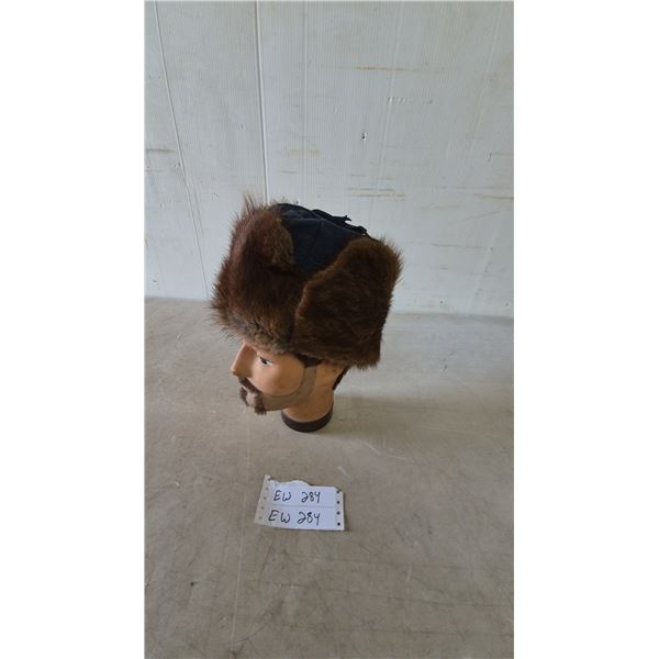 Fur and Blue Fabric Trapper Hat, Believed Beaver
