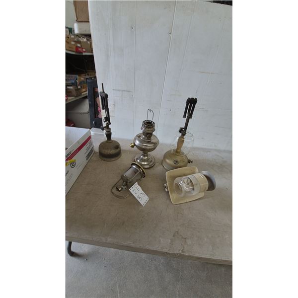 Assorted Vintage Lanterns and Lamps: 2 Kerosene Lamps, 2 Gas Lanterns