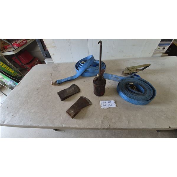 Two Axe Heads, Vintage Oiler, and Two Blue Ratchet Straps