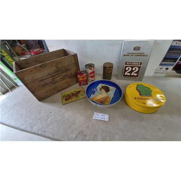 Vintage Canadian Industries Crate, CIBC Calendar, Medallion and oil Cans