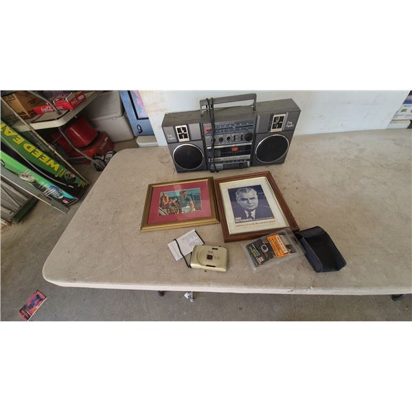 Vintage Sanyo M7770K Boombox, Two Framed Prints, Vivitar IC101 Camera