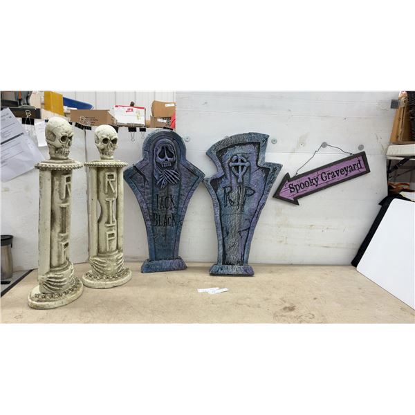 Halloween Decor, Foam Tombstone Prop with Cross and "RIP" Design, 29” High, 2 Skulls on Stand 30”
