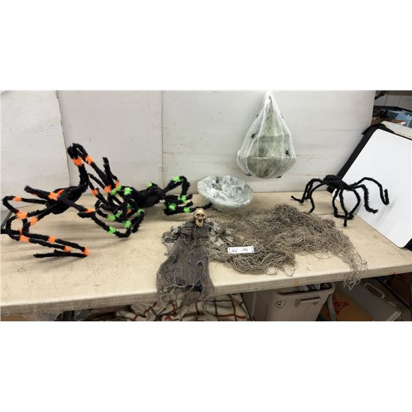 Halloween Decor Lot, 3 Fuzzy Spider Props, 2 Hanging Webbed Bowls, Bendable Skeleton, Fish Net