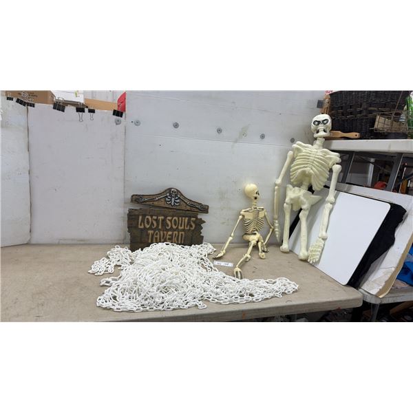 Halloween Decor, Lost Souls Tavern Sign, Skeletons, Plastic Chain and 2 Skeletons