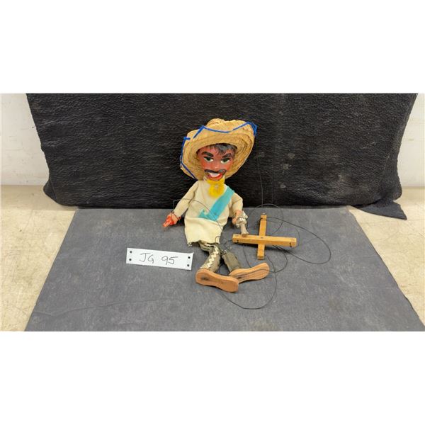 Vintage Handcrafted Mexican Marionette String Puppet with Sombrero and Wooden Control Bar, 13.5”