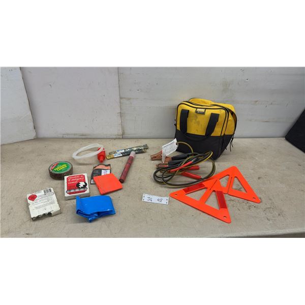 Winter Car Emergency Kit: Jumper Cables, Candles, Blanket, Reflecting Warning Triangles