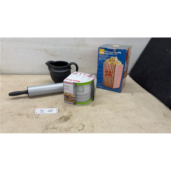 Glass Popcorn Bowl, Rolling Pin, Starfrit Make, Store, and Carry Hamburger Unit and Black Pitcher