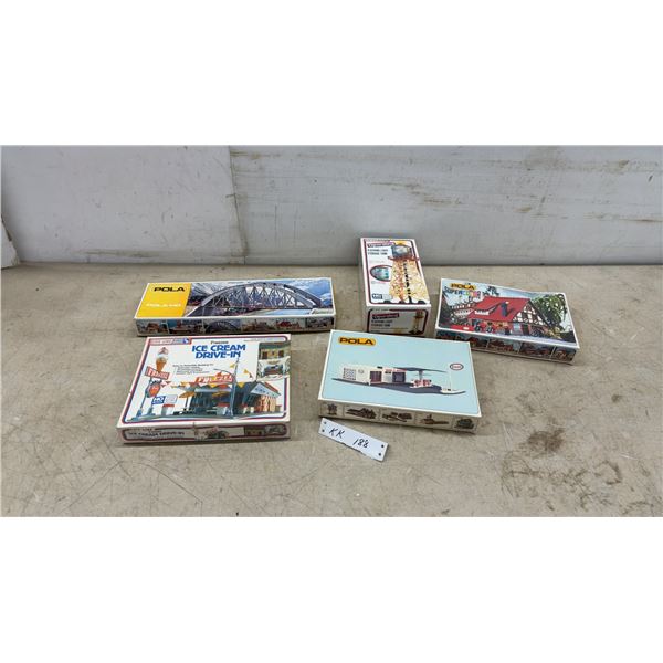 HO Scale Train Model Structure Building Kits, Four Kits New in Unopened Boxes with Bridge Kit