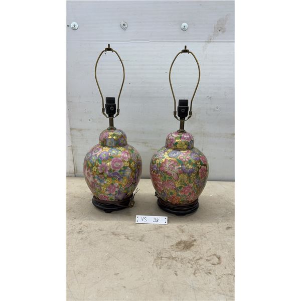 Pair of Vintage Chinese Millefleurs Porcelain Ginger Jar Style Table Lamps with Gold Colour