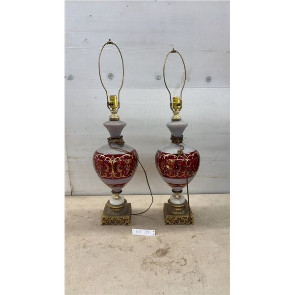 Pair of Vintage Hollywood Regency Red Glass Table Lamps with Gilt Metal and Marble and Brass