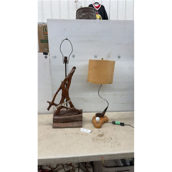 Rustic Driftwood Table Lamp 35” Tall, No Shade and Golf-Themed Table Lamp Wood Veneer Shade, 27”