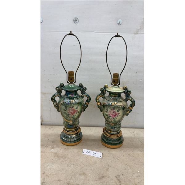 Pair of Vintage Mid-Century Green Iridescent Lustre Ceramic Urn Table Lamps with Rose Decal, 24”