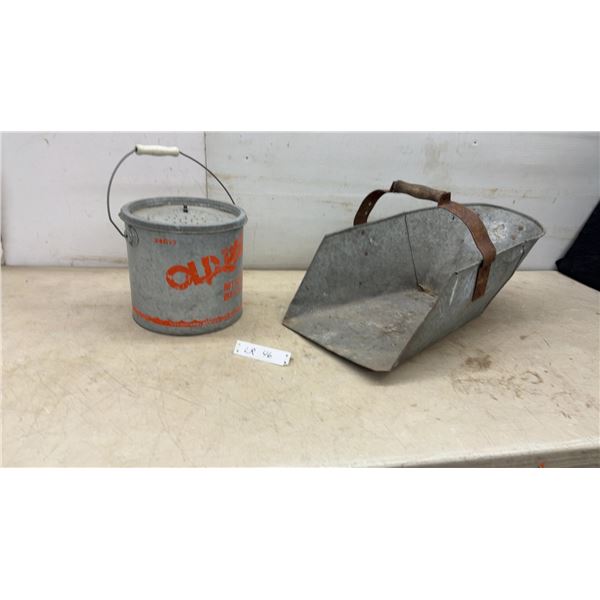 Old Pal Galvanized Minnow Bucket and Galvanized Grain Scoop