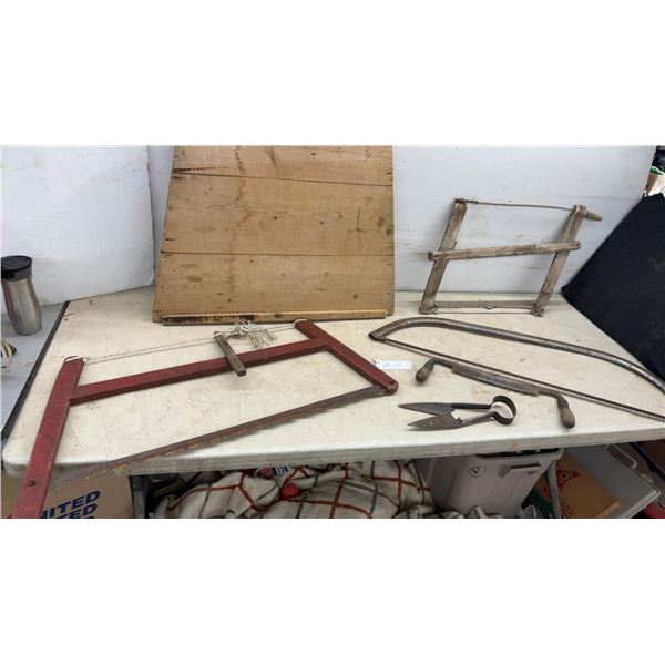 Vintage Bow Saws, Drawknife, and Sheep Shears