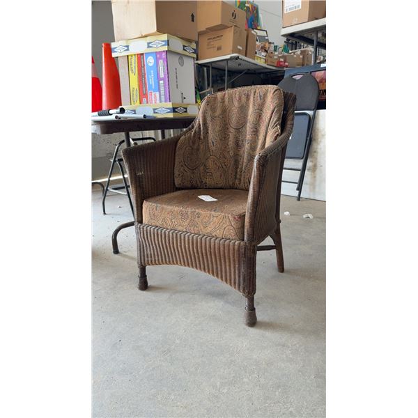 Wicker Armchair with Paisley Upholstered Seat and Back Cushions