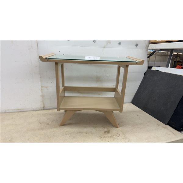 Wooden End Table with Glass Top Insert and Lower Shelf, 23 × 29 × 14”