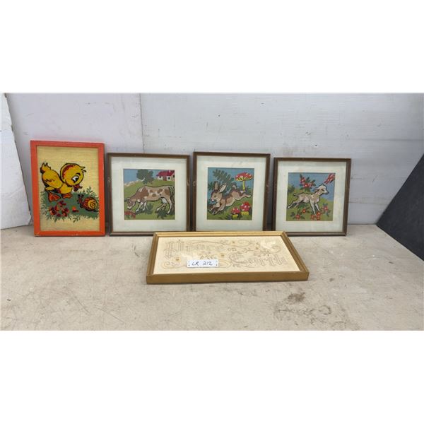 Five Framed Needlepoint and Embroidered Art, Animal Scenes and Text, Largest 12 × 21”