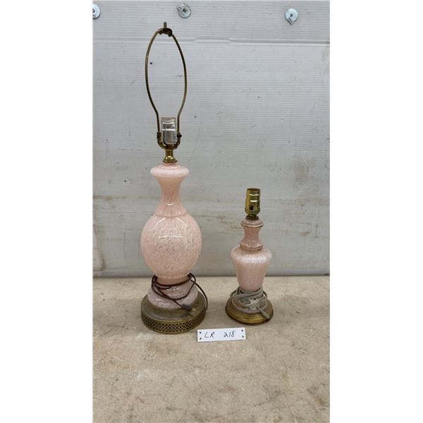 Two Pink Spatter Glass Table Lamps with Brass-Tone Bases, 25” and 13“ Tall. No Lamp Shades