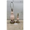 Image 1 : Two Pink Spatter Glass Table Lamps with Brass-Tone Bases, 25” and 13“ Tall. No Lamp Shades