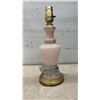 Image 2 : Two Pink Spatter Glass Table Lamps with Brass-Tone Bases, 25” and 13“ Tall. No Lamp Shades