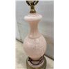 Image 7 : Two Pink Spatter Glass Table Lamps with Brass-Tone Bases, 25” and 13“ Tall. No Lamp Shades