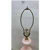 Image 8 : Two Pink Spatter Glass Table Lamps with Brass-Tone Bases, 25” and 13“ Tall. No Lamp Shades