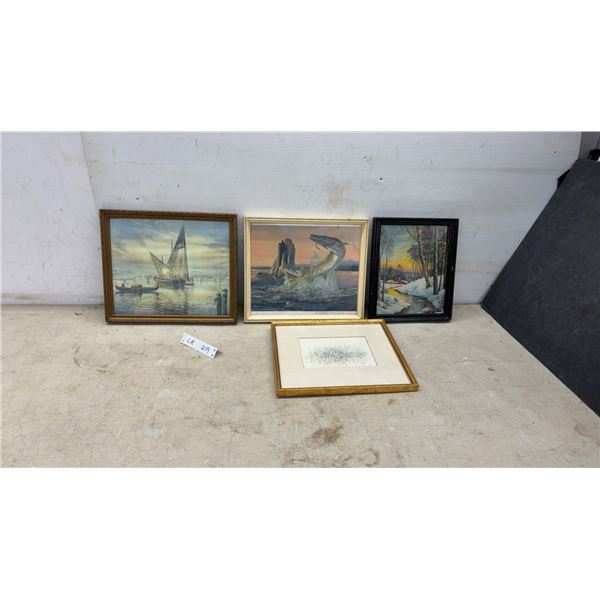 Four Framed Pictures, Venetian Canal, "Pike or Muskalunge" by Lawrence, Winter Landscape, Largest
