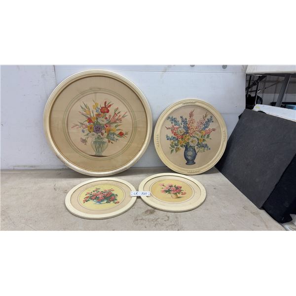 Four Vintage Round Framed Floral Bouquet Prints with Cream Frames, Largest 27”